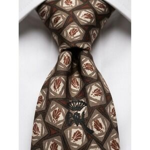 Countess Mara Mens Silk Tie Brown Geometric Leaf Pattern Made in USA 57x3.75
